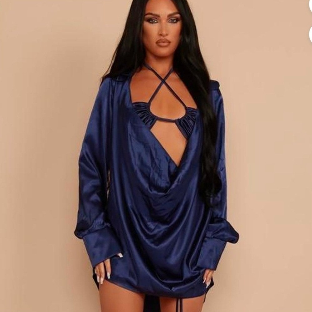 Mars The Label Bahama Set Navy Blue Satin 3 Piece Skirt Bralette Shirt M UK 12